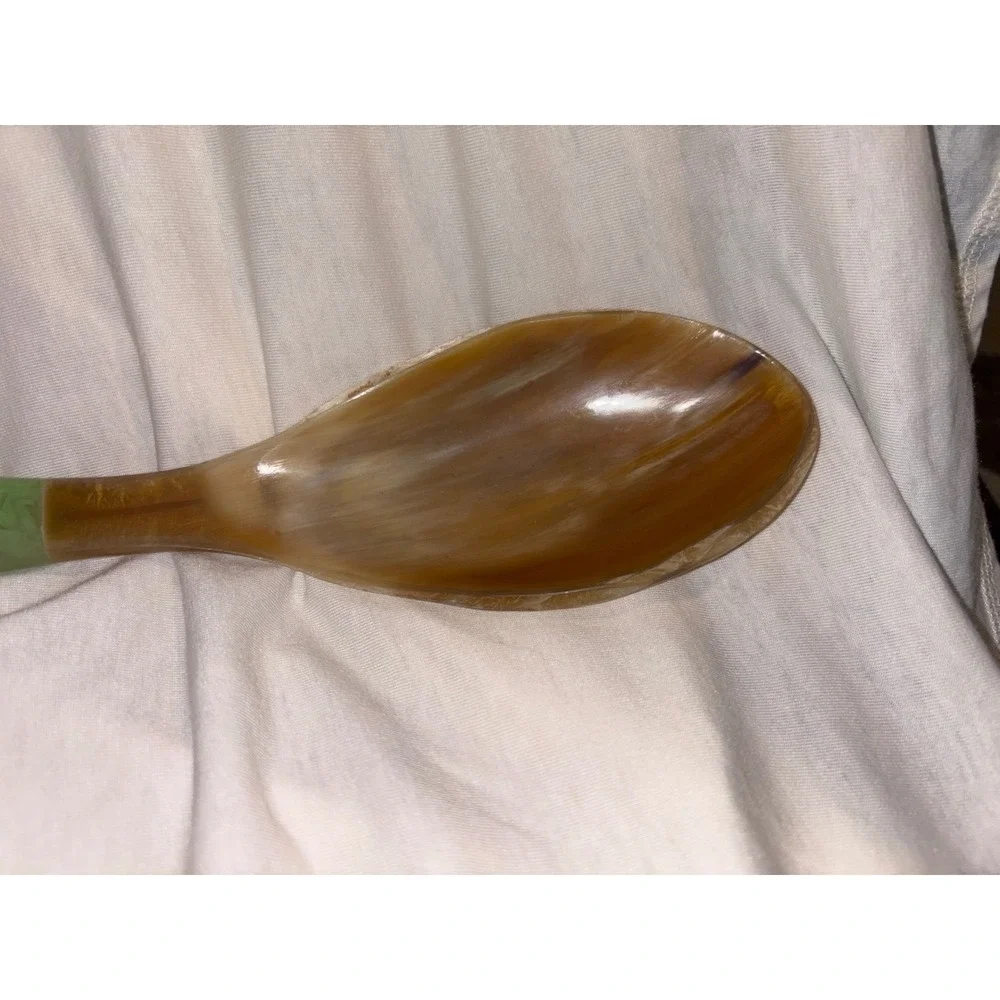 Vintage Style Marbled Green Resin and Faux Horn Large Serving Spoon 13.5 Inch